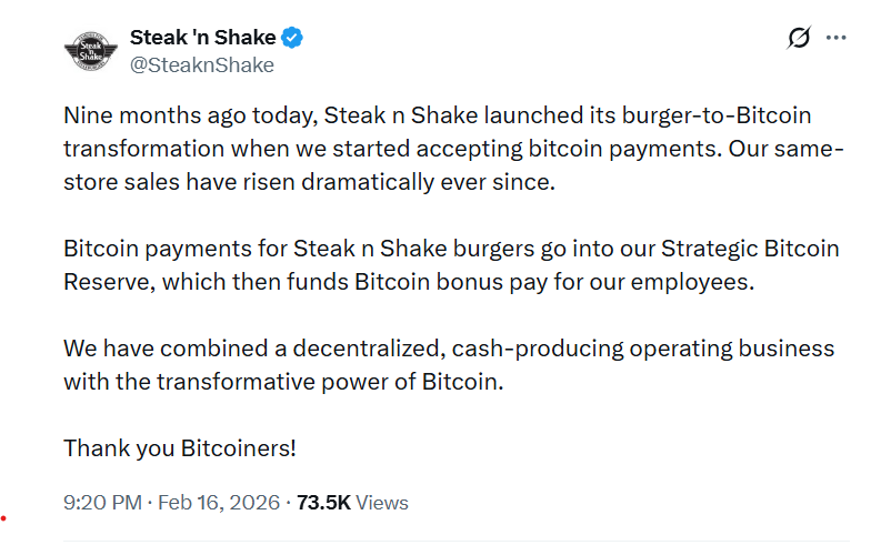 Steak ‘n Shake says Bitcoin Push Sent Sales “Dramatically” Higher